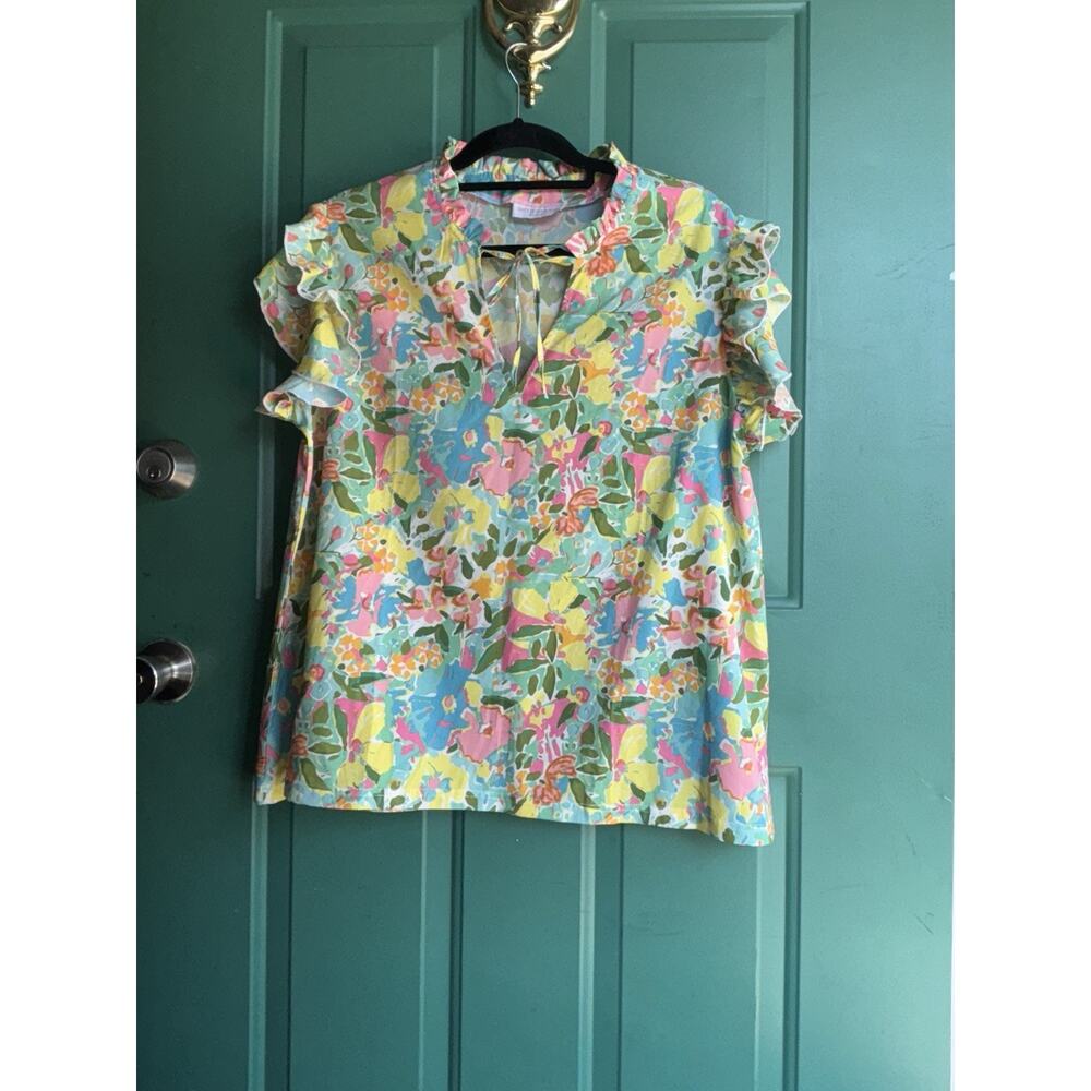 Smith & Quinn Floral Ruffle Sleeve Blouse in Pastel Pink, Blue, Yellow